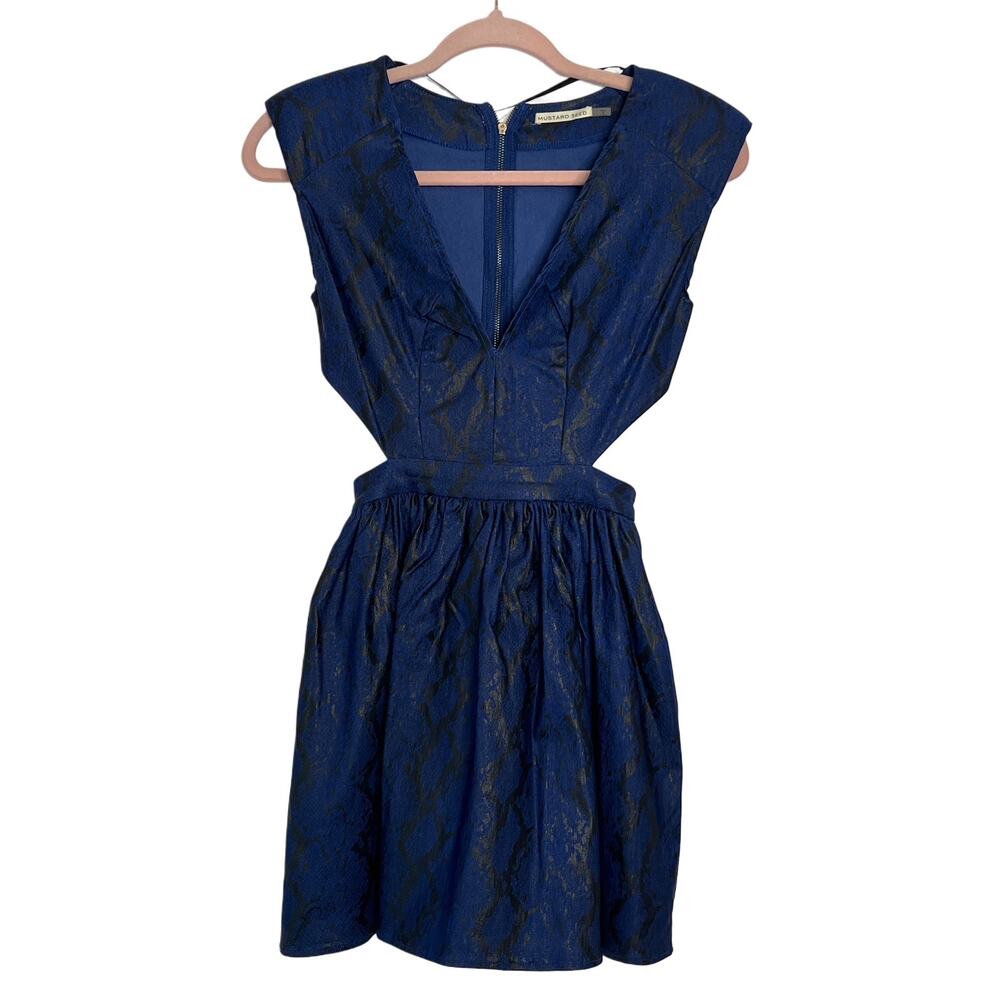Mustard Seed Blue Black Reptile Print Cutout Sleeveless Mini Cocktail Dress S